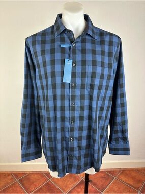 NWT Leo Chevalier Soft Blue and Black Checked Long-Sleeve Button-Down Shirt